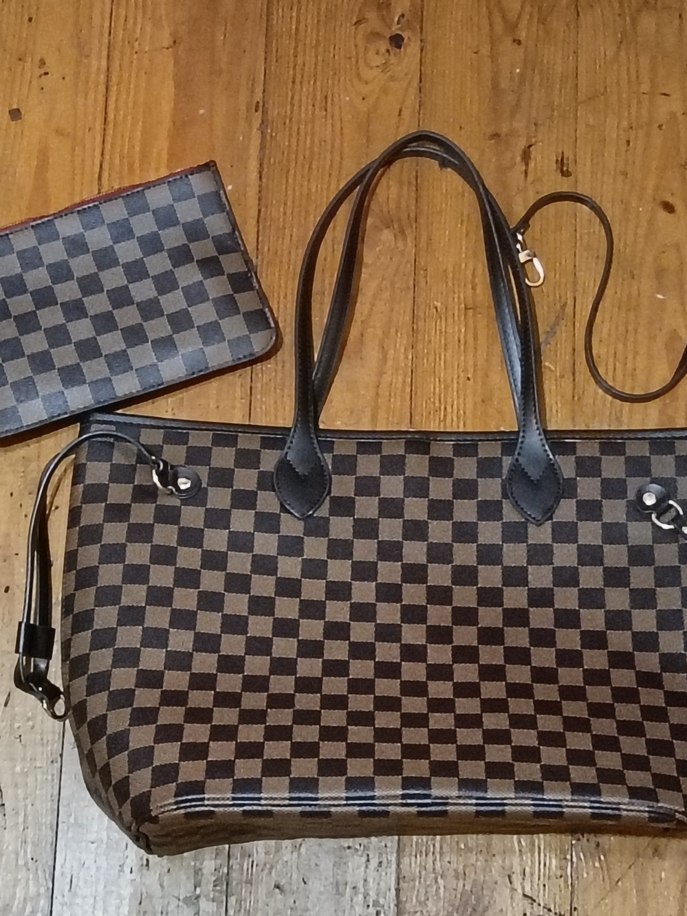 Brown Checked Tote Bag with Wristlet - Picture 3 of 8